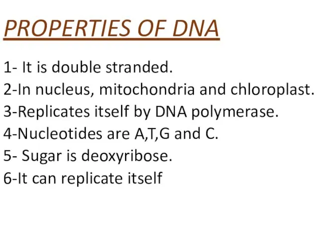 PROPERTIES OF DNA 1- It is double stranded. 2-In nucleus,