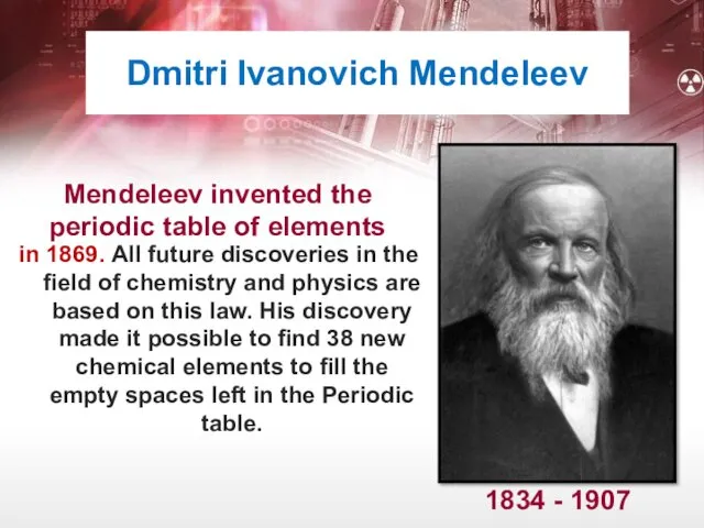 Dmitri Ivanovich Mendeleev in 1869. All future discoveries in the