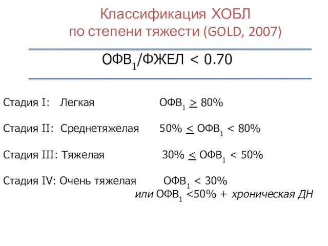 Классификация ХОБЛ по степени тяжести (GOLD, 2007) Стадия I: Легкая