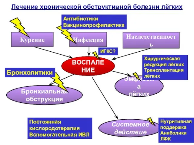 Лечение хронической обструктивной болезни лёгких Курение Инфекция Наследственность ВОСПАЛЕНИЕ Бронхиальная