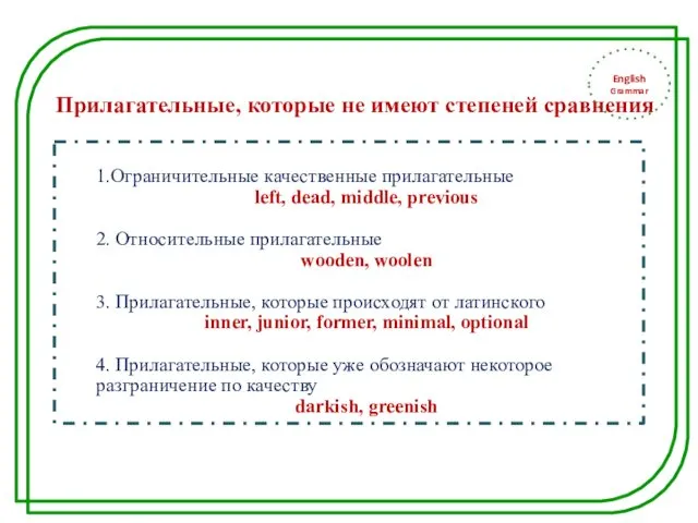 English Grammar 1.Ограничительные качественные прилагательные left, dead, middle, previous 2.