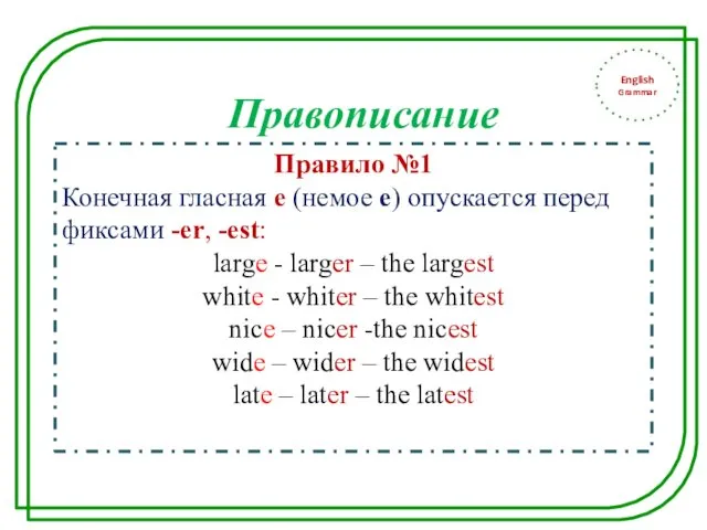 English Grammar Правило №1 Конечная гласная е (немое е) опускается