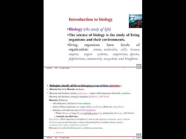 BIOLOGY 2019 Dr. Amin Al-Doaiss Introduction to biology Biology (the