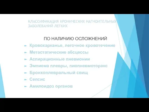 КЛАССИФИКАЦИЯ ХРОНИЧЕСКИХ НАГНОИТЕЛЬНЫХ ЗАБОЛЕВАНИЙ ЛЕГКИХ ПО НАЛИЧИЮ ОСЛОЖНЕНИЙ Кровохарканье, легочное