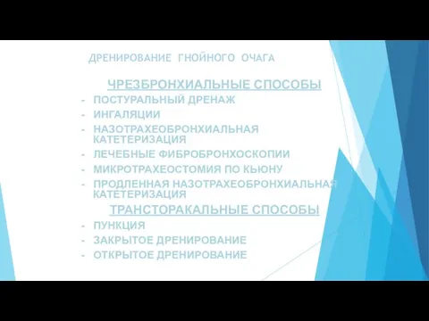 ДРЕНИРОВАНИЕ ГНОЙНОГО ОЧАГА ЧРЕЗБРОНХИАЛЬНЫЕ СПОСОБЫ - ПОСТУРАЛЬНЫЙ ДРЕНАЖ - ИНГАЛЯЦИИ