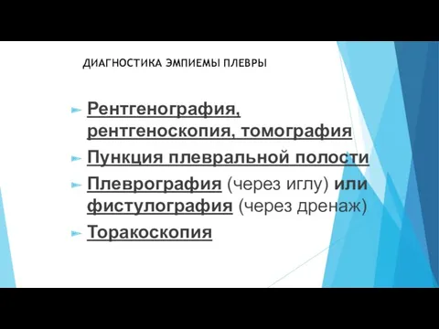 ДИАГНОСТИКА ЭМПИЕМЫ ПЛЕВРЫ Рентгенография, рентгеноскопия, томография Пункция плевральной полости Плеврография