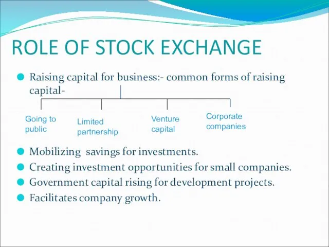 ROLE OF STOCK EXCHANGE Raising capital for business:- common forms