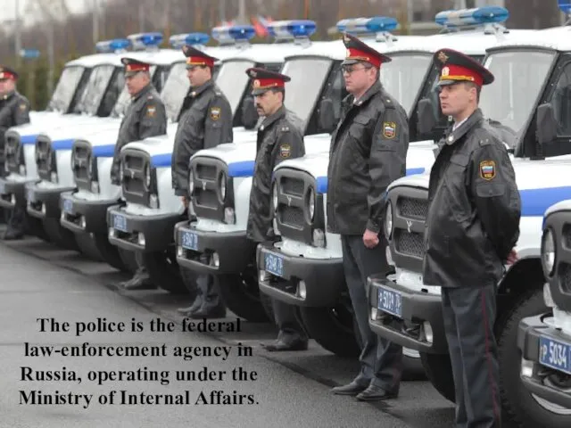 The police is the federal law-enforcement agency in Russia, operating under the Ministry of Internal Affairs.