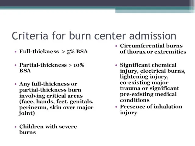 Criteria for burn center admission Full-thickness > 5% BSA Partial-thickness