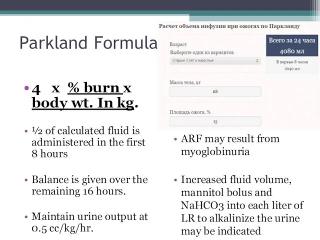 Parkland Formula 4 x % burn x body wt. In