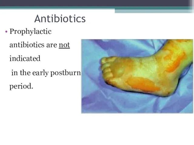 Antibiotics Prophylactic antibiotics are not indicated in the early postburn period.