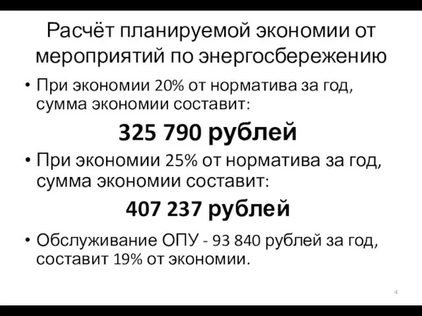 Расчёт планируемой экономии от мероприятий по энергосбережению При экономии 20%