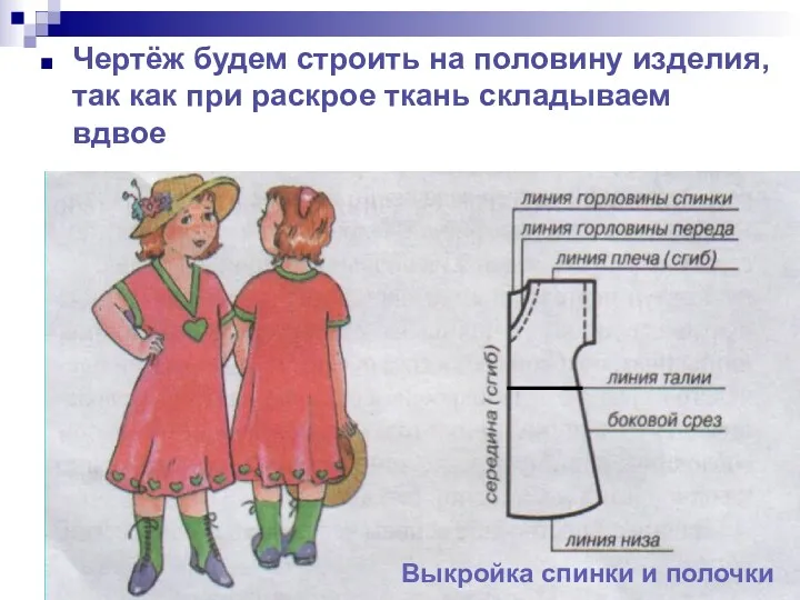 Чертёж будем строить на половину изделия, так как при раскрое ткань складываем вдвое