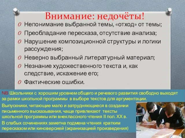 Внимание: недочёты! Непонимание выбранной темы, «отход» от темы; Преобладание пересказа,