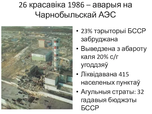 26 красавіка 1986 – аварыя на Чарнобыльскай АЭС 23% тэрыторыі