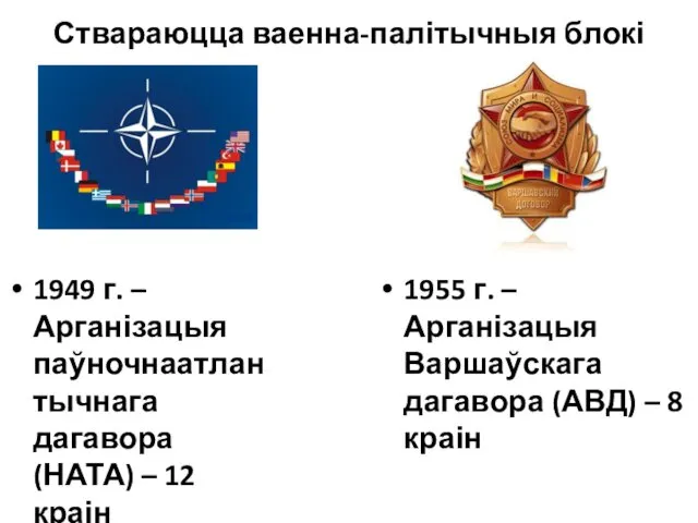 Ствараюцца ваенна-палітычныя блокі 1949 г. – Арганізацыя паўночнаатлантычнага дагавора (НАТА)