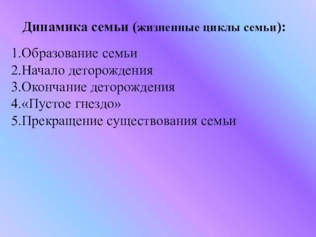 Динамика семьи (жизненные циклы семьи): Образование семьи Начало деторождения Окончание деторождения «Пустое гнездо» Прекращение существования семьи