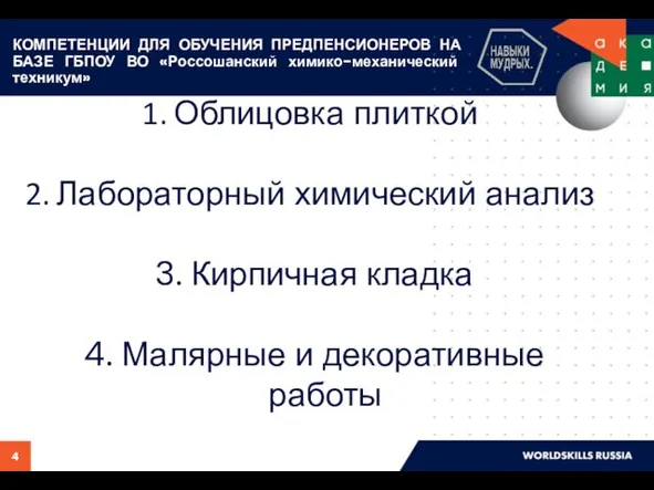 КОМПЕТЕНЦИИ ДЛЯ ОБУЧЕНИЯ ПРЕДПЕНСИОНЕРОВ НА БАЗЕ ГБПОУ ВО «Россошанский химико-механический техникум»