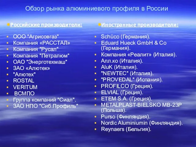 Обзор рынка алюминиевого профиля в России ООО "Агрисовгаз" Компания «РАССТАЛ»