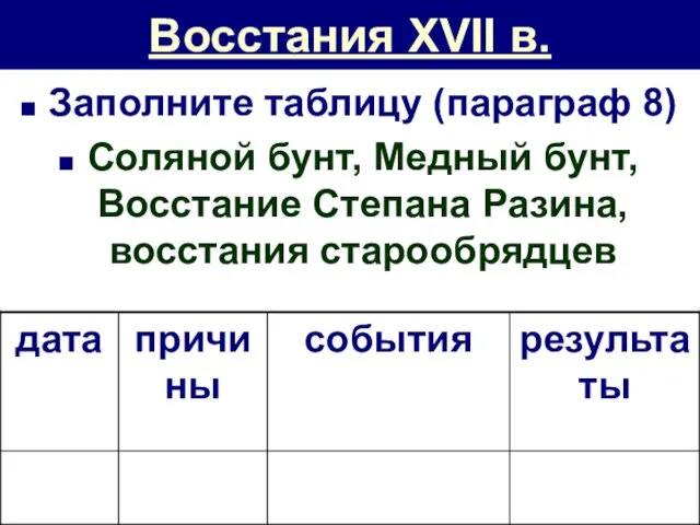 Восстания XVII в. Заполните таблицу (параграф 8) Соляной бунт, Медный бунт, Восстание Степана Разина, восстания старообрядцев