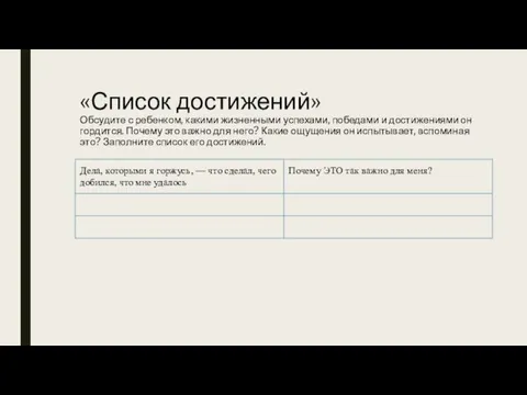 «Список достижений» Обсудите с ребенком, какими жизненными успехами, победами и достижениями он гордится.