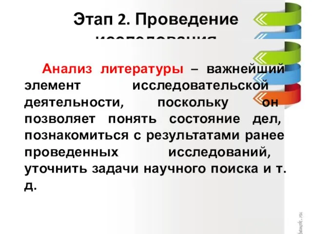 Этап 2. Проведение исследования Анализ литературы – важнейший элемент исследовательской