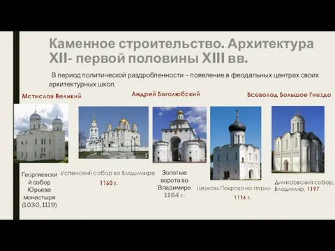 Каменное строительство. Архитектура XII- первой половины XIII вв. В период