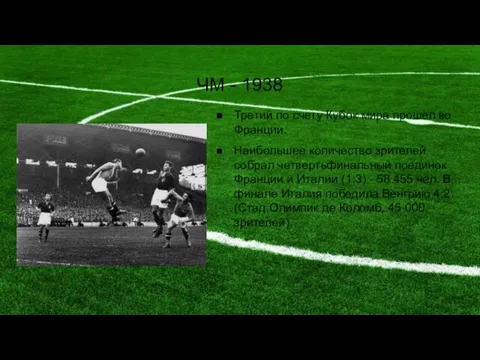 ЧМ - 1938 Третий по счету Кубок мира прошел во Франции. Наибольшее количество