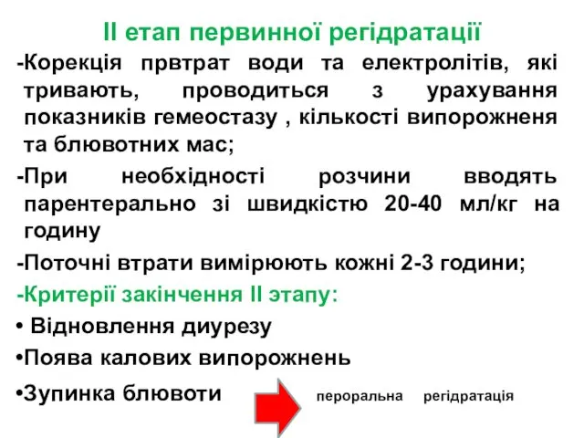 II етап первинної регідратації Корекція првтрат води та електролітів, які