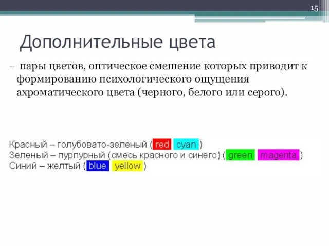 Дополнительные цвета – пары цветов, оптическое смешение которых приводит к