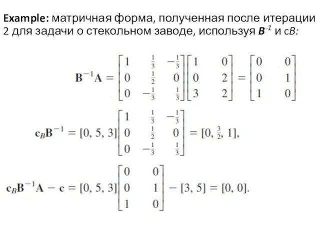 Example: матричная форма, полученная после итерации 2 для задачи о стекольном заводе, используя B-1 и cB: