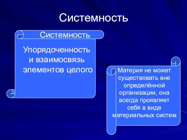 Системность Системность Упорядоченность и взаимосвязь элементов целого Материя не может