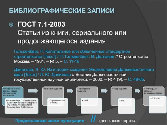 БИБЛИОГРАФИЧЕСКИЕ ЗАПИСИ ГОСТ 7.1-2003 Статьи из книги, сериального или продолжающегося