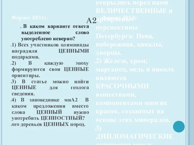 А2 В каком варианте ответа выделенное слово употреблено неверно? 1)