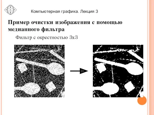 Пример очистки изображения с помощью медианного фильтра Фильтр с окрестностью 3x3