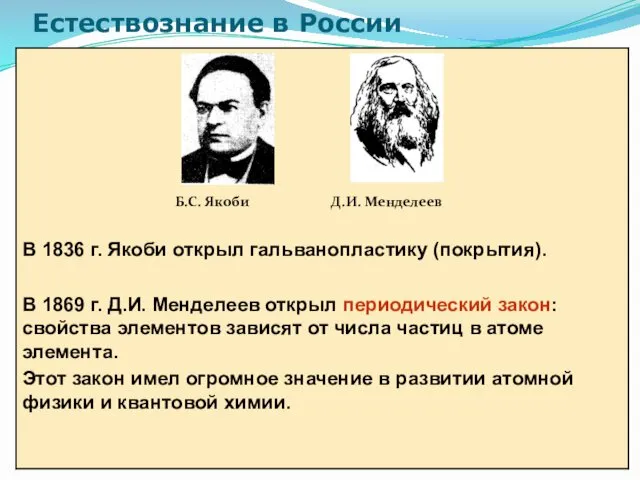 Естествознание в России Б.С. Якоби Д.И. Менделеев
