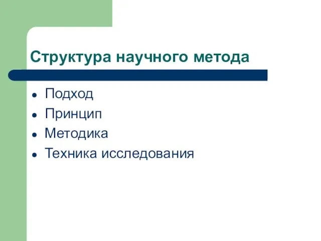 Структура научного метода Подход Принцип Методика Техника исследования