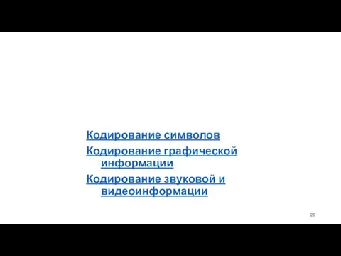 Кодирование символов Кодирование графической информации Кодирование звуковой и видеоинформации