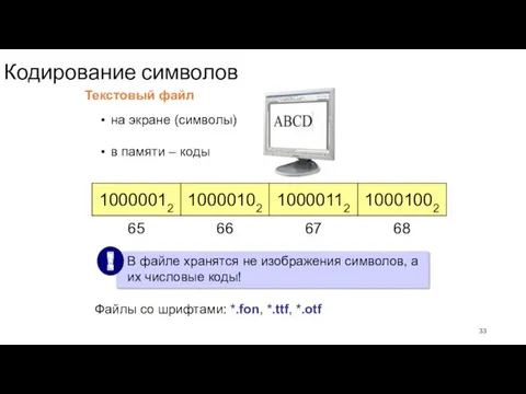 Кодирование символов Текстовый файл на экране (символы) в памяти –