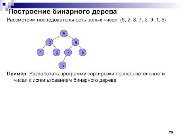 Построение бинарного дерева Рассмотрим последовательность целых чисел: {5, 2, 8,