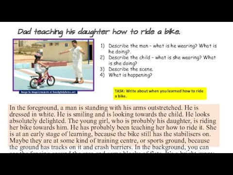 Dad teaching his daughter how to ride a bike. In