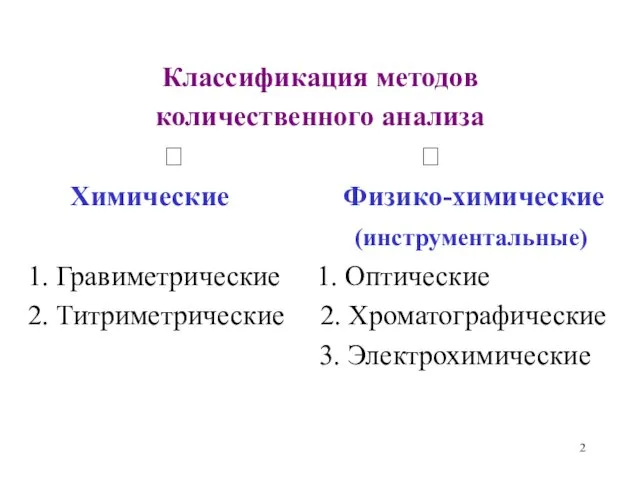 Классификация методов количественного анализа ? ? Химические Физико-химические (инструментальные) 1. Гравиметрические 1. Оптические