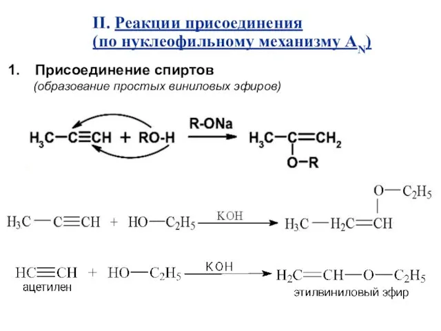 Присоединение спиртов (образование простых виниловых эфиров) II. Реакции присоединения (по нуклеофильному механизму АN)