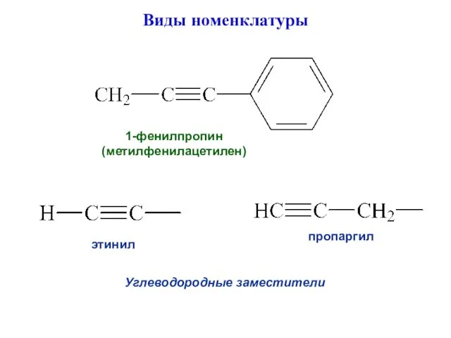 Виды номенклатуры 1-фенилпропин (метилфенилацетилен) этинил пропаргил Углеводородные заместители