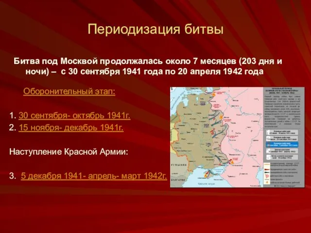 Периодизация битвы Оборонительный этап: 1. 30 сентября- октябрь 1941г. 2.