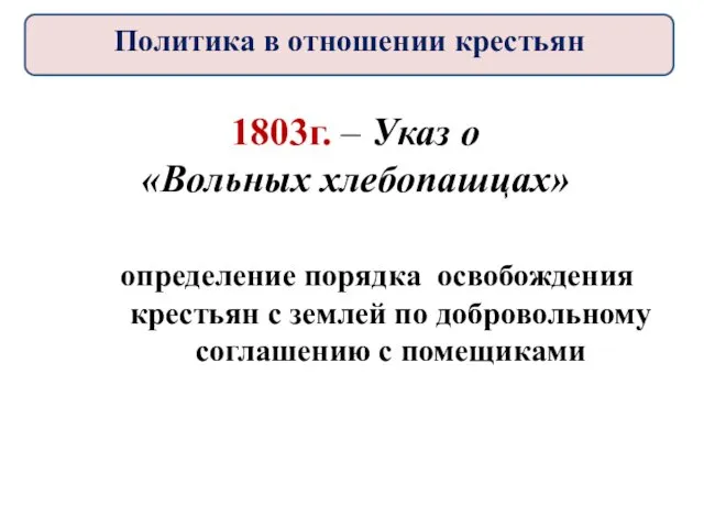 1803г. – Указ о «Вольных хлебопашцах» определение порядка освобождения крестьян