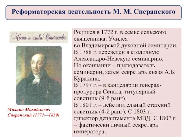 Реформаторская деятельность М. М. Сперанского Михаил Михайлович Сперанский (1772—1839) Родился