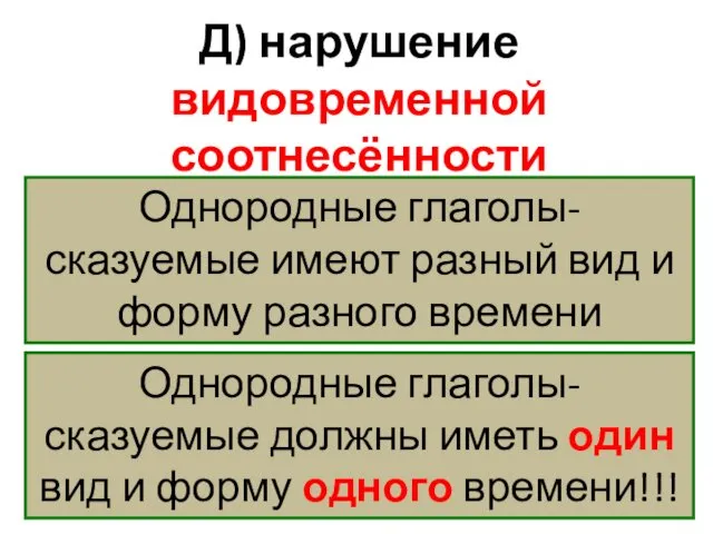 Д) нарушение видовременной соотнесённости глагольных форм. Однородные глаголы-сказуемые имеют разный