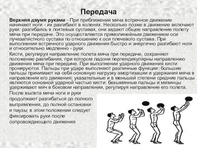 Передача Верхняя двумя руками - При приближении мяча встречное движение