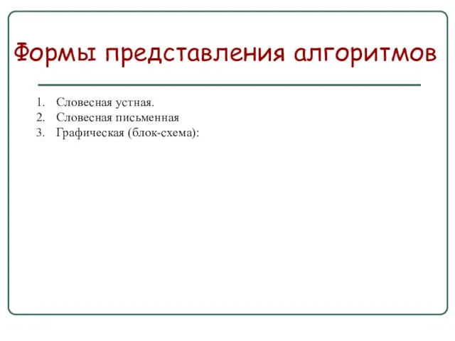 Формы представления алгоритмов Словесная устная. Словесная письменная Графическая (блок-схема):